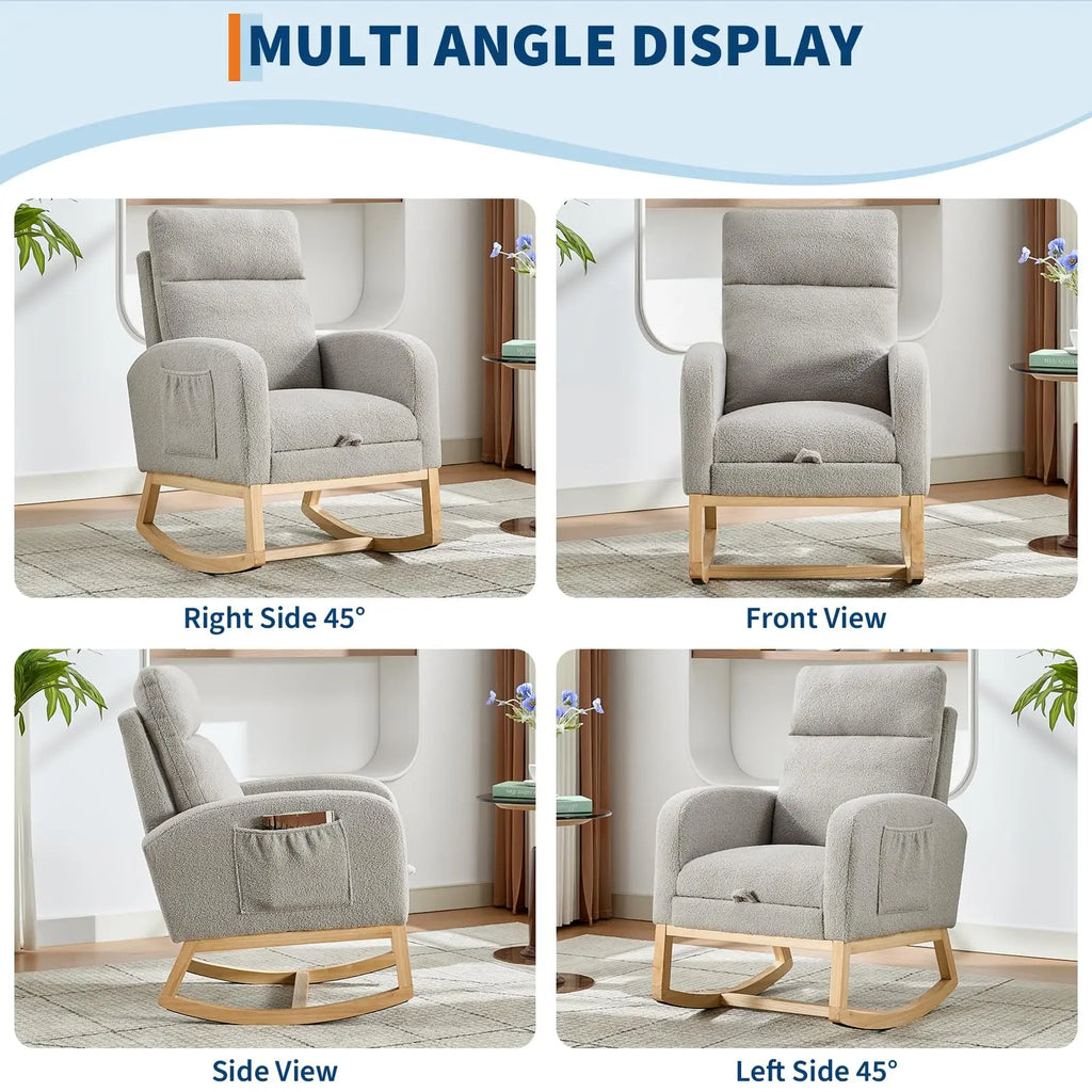 Modern Nursery Rocking Chair, Teddy Upholstered Rocking Chair with Footrest, Comfortable Rocker Recliner with Side Pocket, Rocker Glider for Living Room, Bedroom, Nursing Room