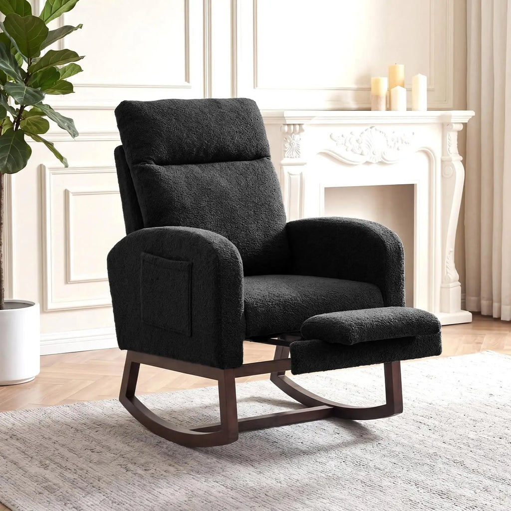 Modern Nursery Rocking Chair, Teddy Upholstered Rocking Chair with Footrest, Comfortable Rocker Recliner with Side Pocket, Rocker Glider for Living Room, Bedroom, Nursing Room