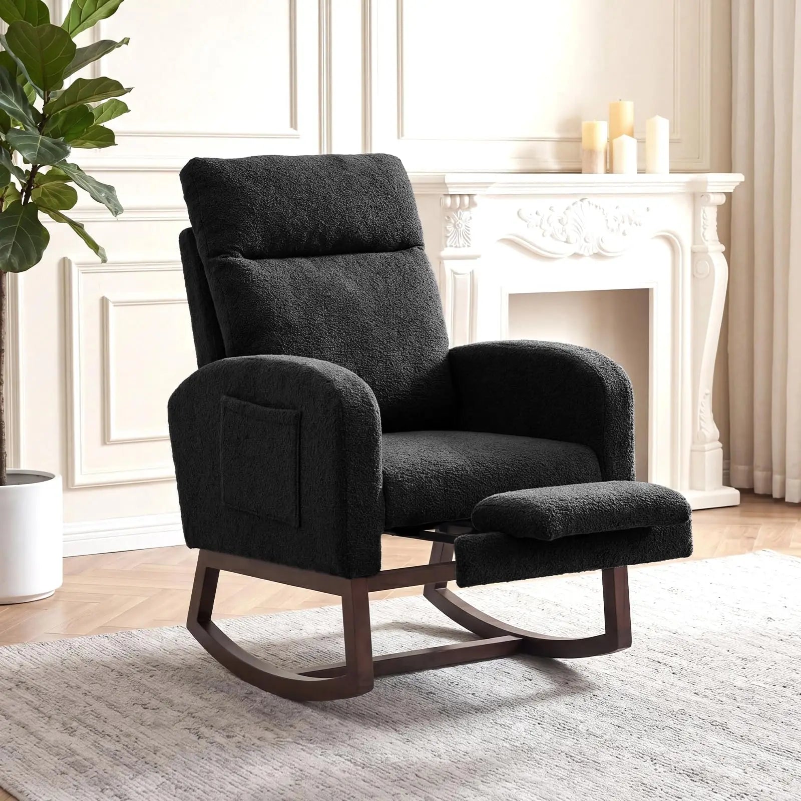 Modern Nursery Rocking Chair, Teddy Upholstered Rocking Chair with Footrest, Comfortable Rocker Recliner with Side Pocket, Rocker Glider for Living Room, Bedroom, Nursing Room