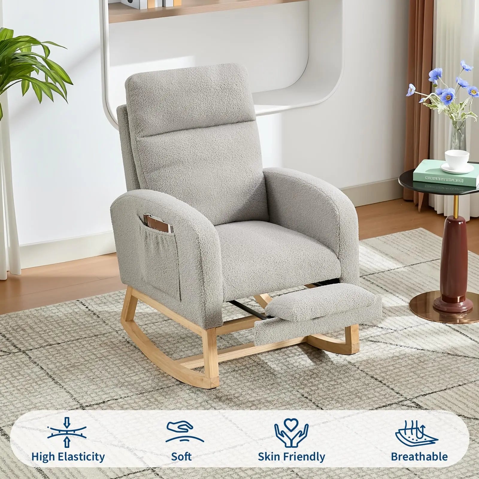 Modern Nursery Rocking Chair, Teddy Upholstered Rocking Chair with Footrest, Comfortable Rocker Recliner with Side Pocket, Rocker Glider for Living Room, Bedroom, Nursing Room