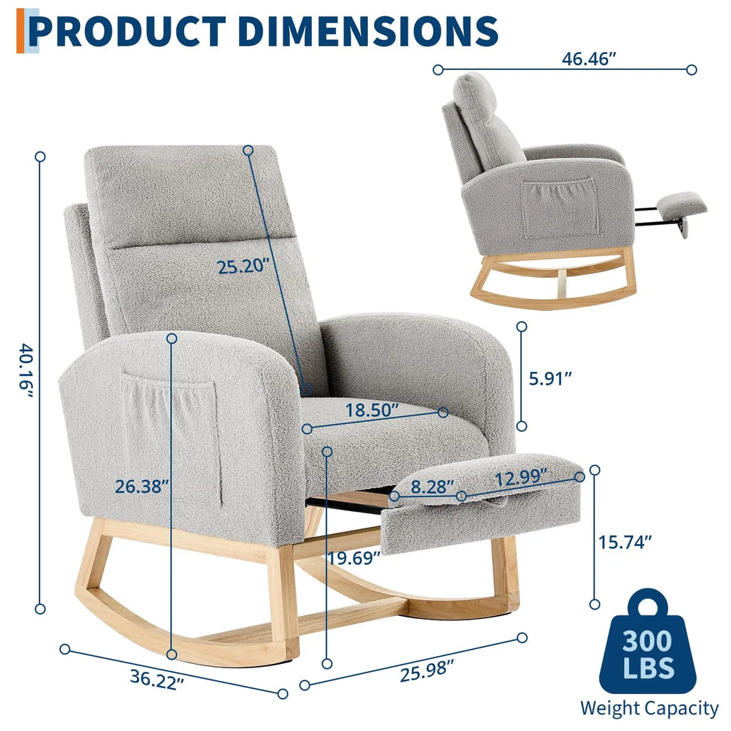 Modern Nursery Rocking Chair, Teddy Upholstered Rocking Chair with Footrest, Comfortable Rocker Recliner with Side Pocket, Rocker Glider for Living Room, Bedroom, Nursing Room
