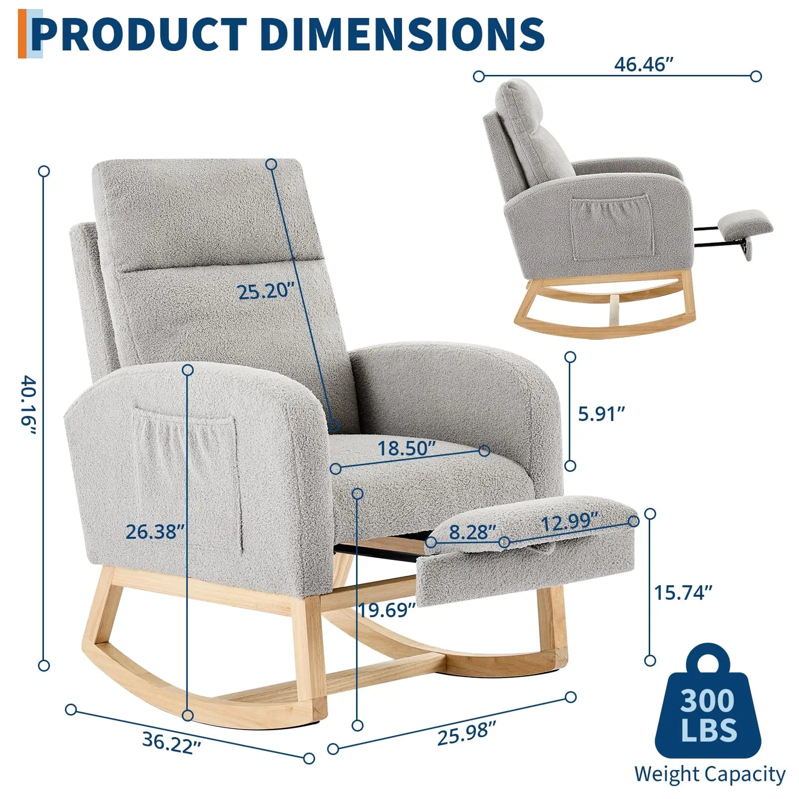 Modern Nursery Rocking Chair, Teddy Upholstered Rocking Chair with Footrest, Comfortable Rocker Recliner with Side Pocket, Rocker Glider for Living Room, Bedroom, Nursing Room