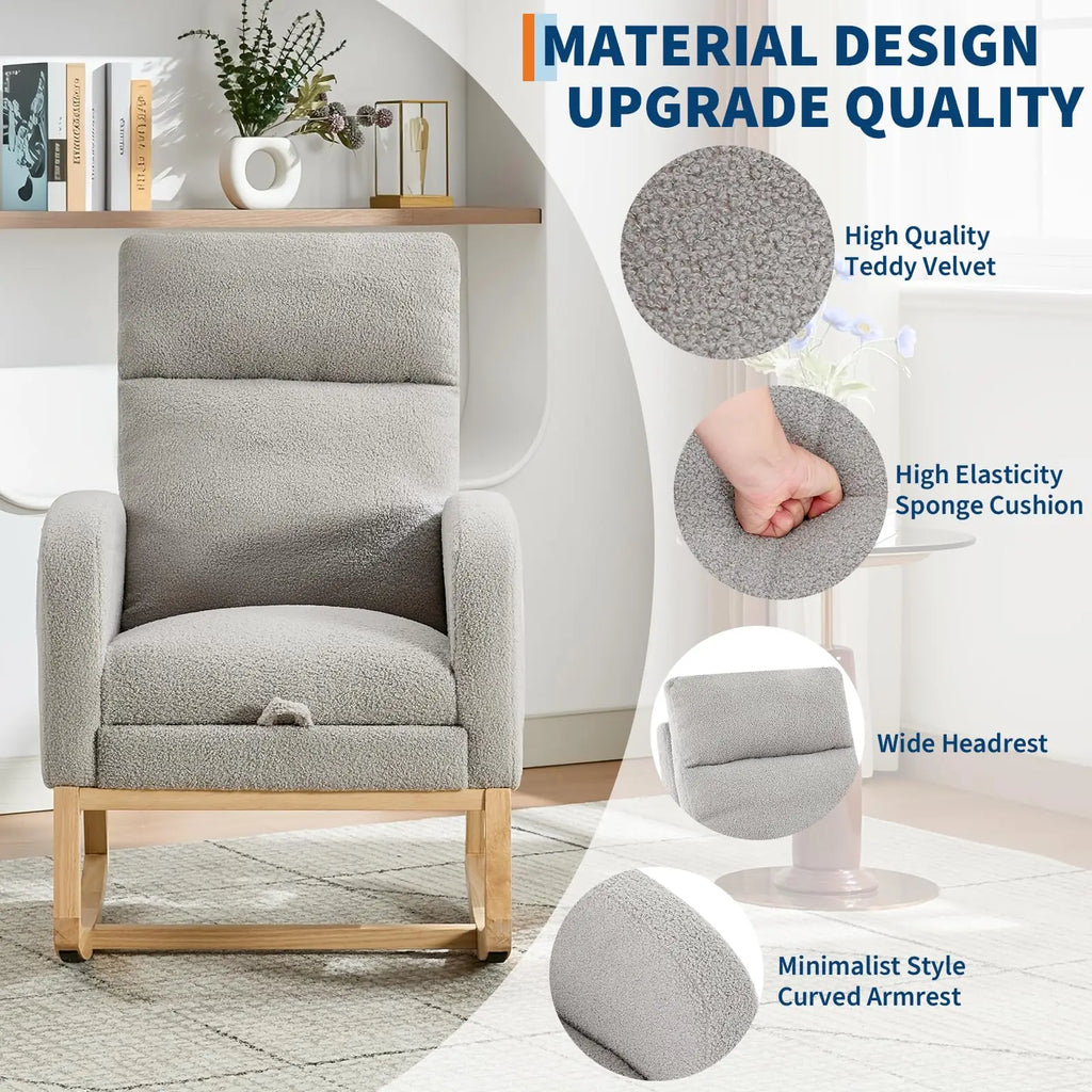 Modern Nursery Rocking Chair, Teddy Upholstered Rocking Chair with Footrest, Comfortable Rocker Recliner with Side Pocket, Rocker Glider for Living Room, Bedroom, Nursing Room