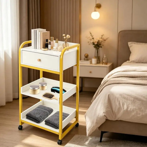 Bymaocar Salon Trolley Utility Cart Portable Tea Storage Cabinet 2 Tier 1 Drawer Mobile Organizer for Hair Salon Beauty Salon Home Kitchen Sturdy PVC Steel Frame Holds 55.12 lbs Large Top Shelf Space