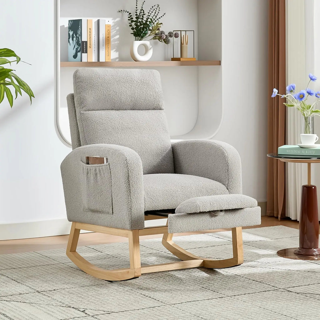 Modern Nursery Rocking Chair, Teddy Upholstered Rocking Chair with Footrest, Comfortable Rocker Recliner with Side Pocket, Rocker Glider for Living Room, Bedroom, Nursing Room