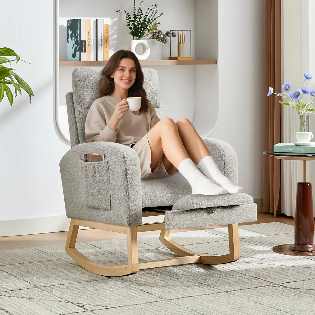 Modern Nursery Rocking Chair, Teddy Upholstered Rocking Chair with Footrest, Comfortable Rocker Recliner with Side Pocket, Rocker Glider for Living Room, Bedroom, Nursing Room