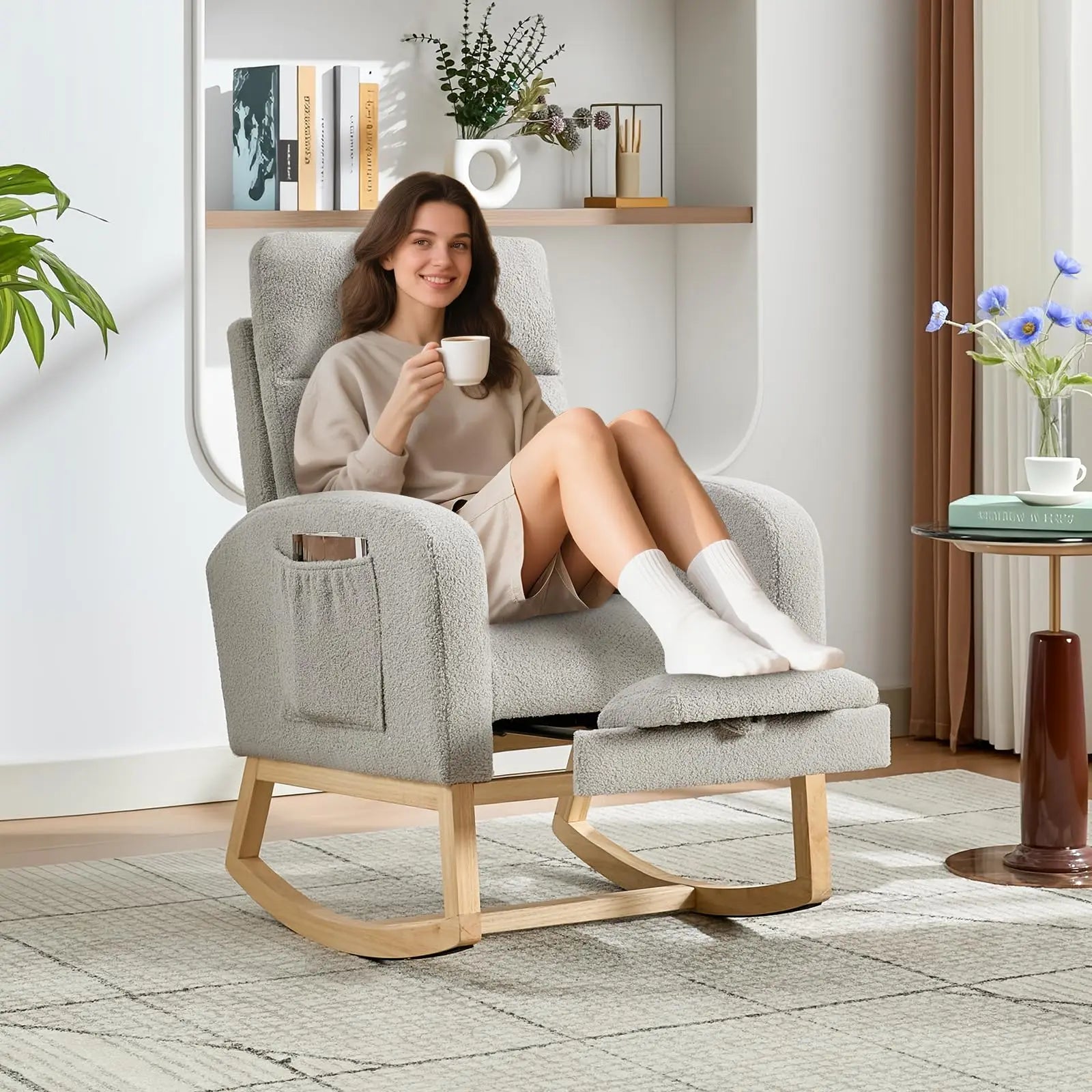 Modern Nursery Rocking Chair, Teddy Upholstered Rocking Chair with Footrest, Comfortable Rocker Recliner with Side Pocket, Rocker Glider for Living Room, Bedroom, Nursing Room